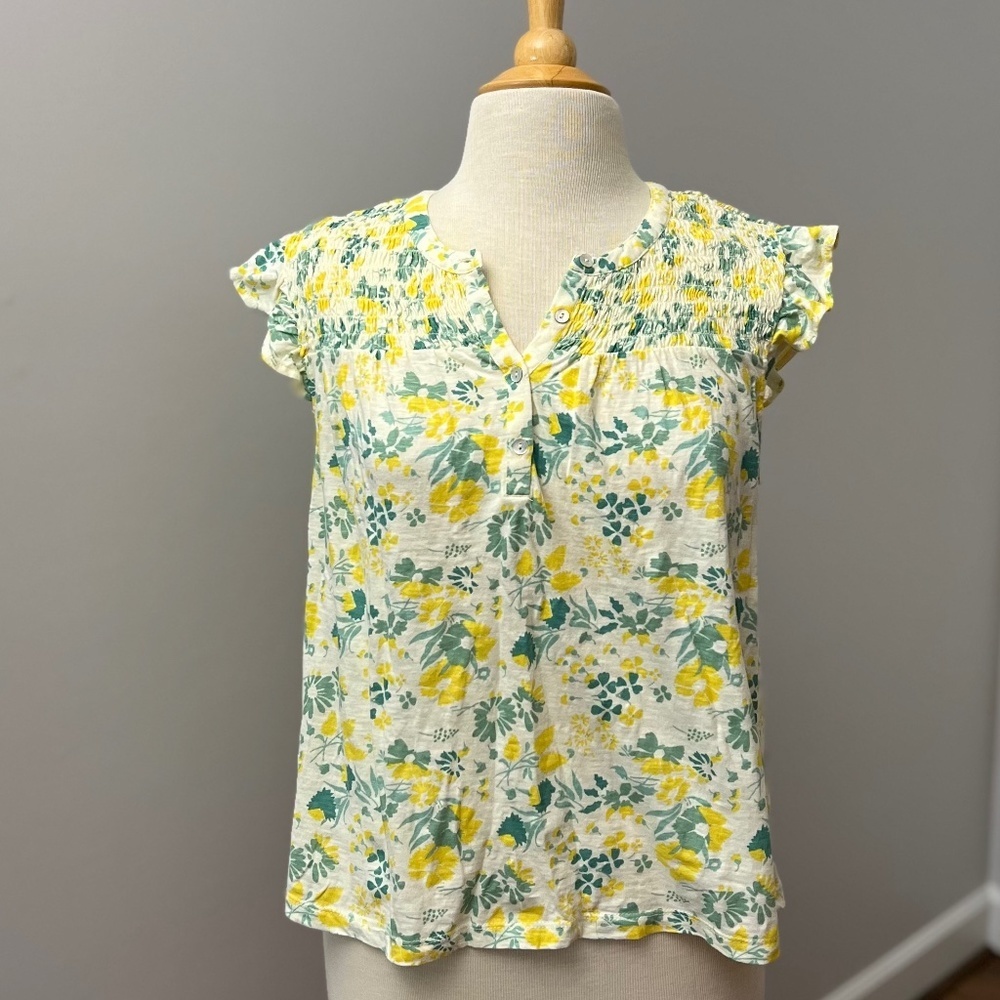 Lucky Brand Lemon Yellow Floral Ruffle Cap Sleeve Top Sz M - Picture 2 of 12
